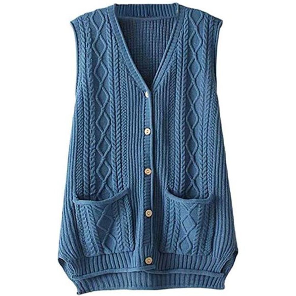 Cable Knit Sweater Vest Button Down Blue For Women